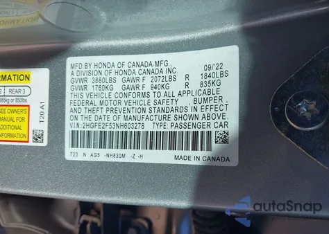 2022 Honda Civic Sport из США, поврежденный, VIN 2HGFE2F53NH603278